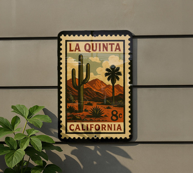 A vintage-style postage stamp from California, featuring a cactus and mountains, is displayed on a wall.