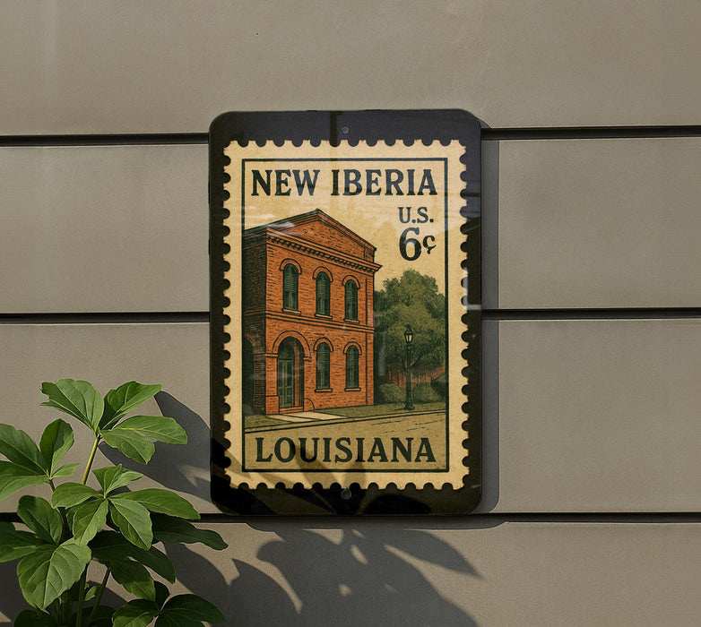 A New Iberia U.S. 6¢ postage stamp from Louisiana, featuring an illustration of a building, is displayed on a wall next to a plant.
