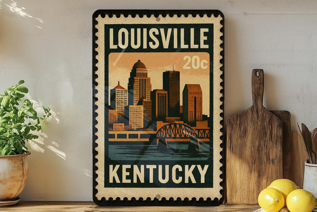 A vintage-style metal sign with the text "LOUISVILLE KENTUCKY" and an illustration of a city skyline.