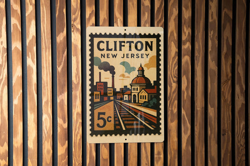 A vintage postage stamp from New Jersey featuring a cityscape with a train track and a dome-shaped building.
