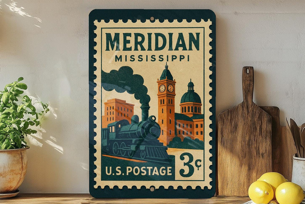 A vintage-style postage stamp from the United States, featuring an illustration of a train and buildings, is displayed on a shelf next to a wooden cutting board and some lemons.