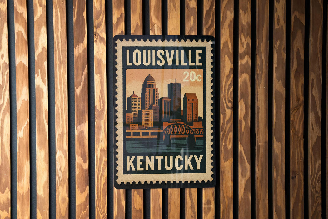 A framed postcard or stamp featuring the skyline of Louisville, Kentucky, with the text "LOUISVILLE 20¢ KENTUCKY" prominently displayed.