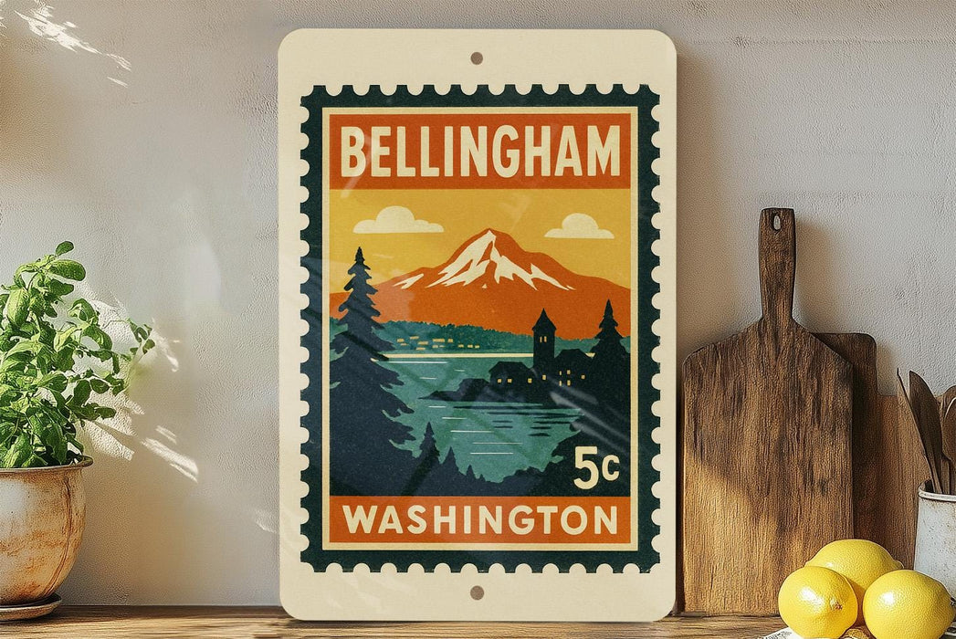A vintage-style postage stamp from Washington, featuring a mountain landscape with a castle, is displayed on a shelf next to a wooden cutting board and some potted plants.