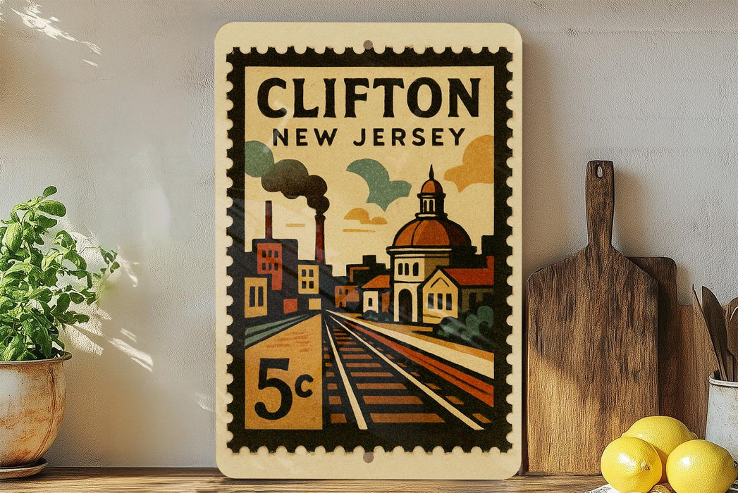 A vintage-style postage stamp depicting Clifton, New Jersey, with a train and buildings in the background.
