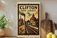 A vintage-style postage stamp depicting Clifton, New Jersey, with a train and buildings in the background.