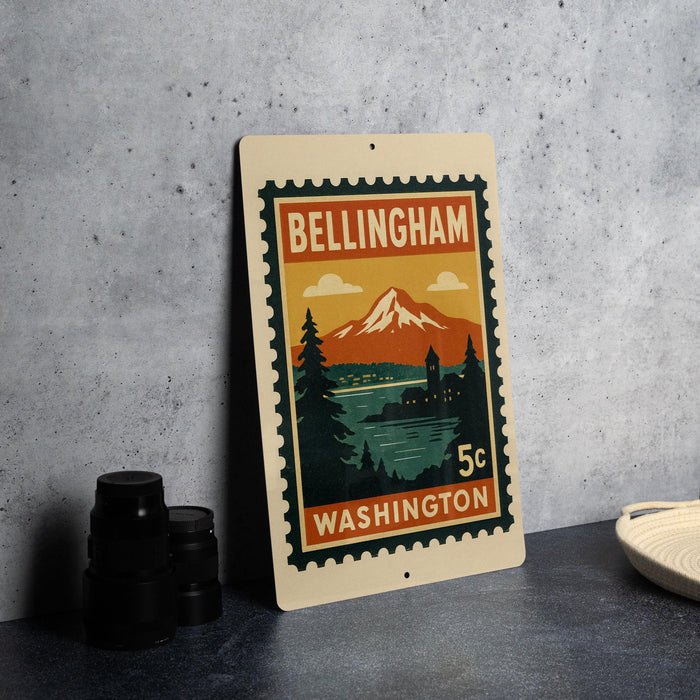 A vintage-style postage stamp from Washington, featuring a mountain landscape and the text "BELINGHAM WASHINGTON 5c".
