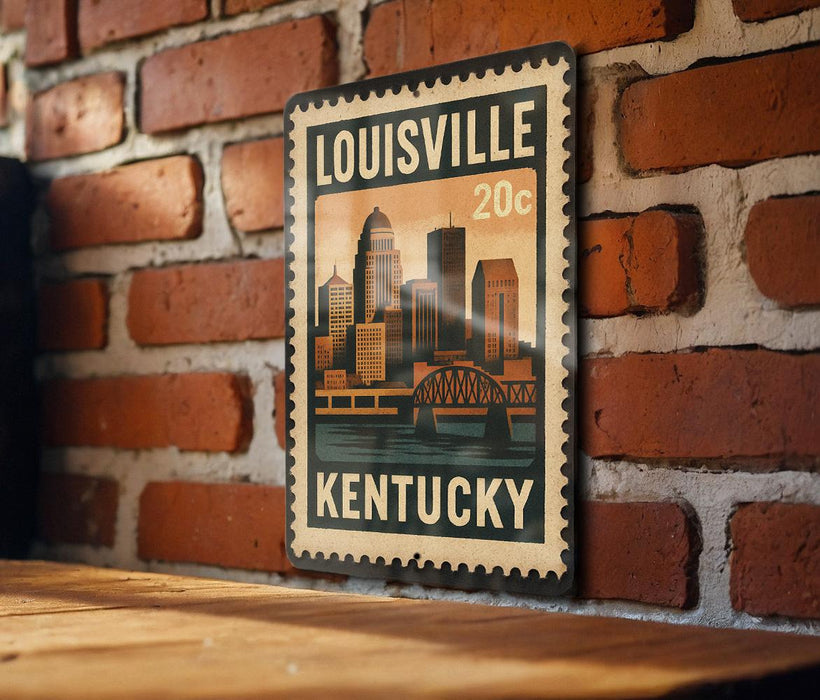 A vintage-style postage stamp from Kentucky featuring a cityscape and a bridge, mounted on a brick wall.