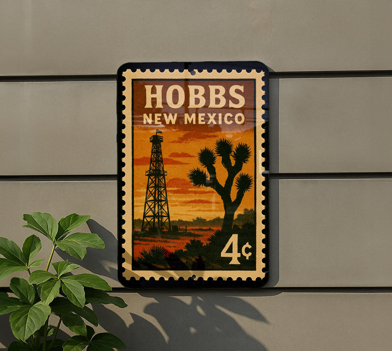 A postage stamp featuring a desert landscape with a tower and a cactus, mounted on a wall.