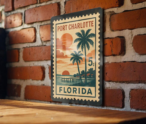 A vintage-style postage stamp from Port Charlotte, Florida, featuring a palm tree and sunset landscape.