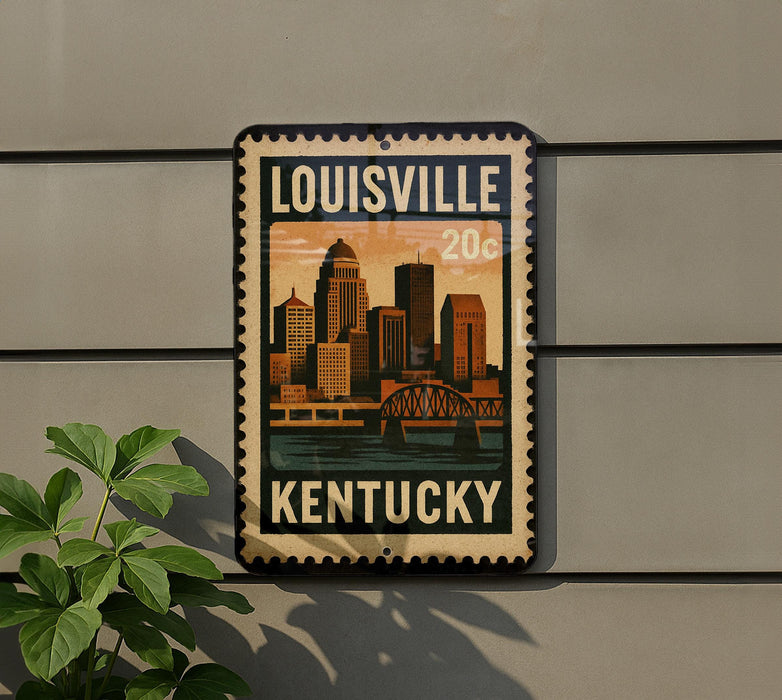 A vintage-style metal sign with the text "LOUISVILLE KENTUCKY 20¢" displayed on a wall, featuring an illustration of a city skyline.