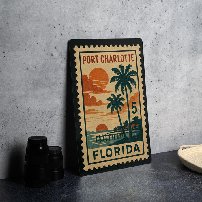 A vintage-style postage stamp from Port Charlotte, Florida, featuring a tropical beach scene with palm trees and a sunset.