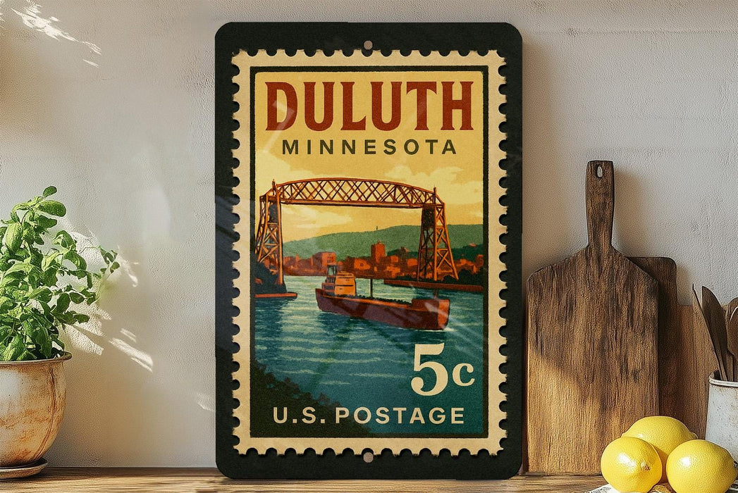 A framed postage stamp from Duluth, Minnesota, depicting a bridge over a river.