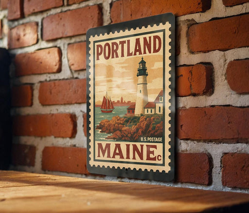 A vintage-style metal stamp depicting a lighthouse and a coastal scene, mounted on a brick wall.