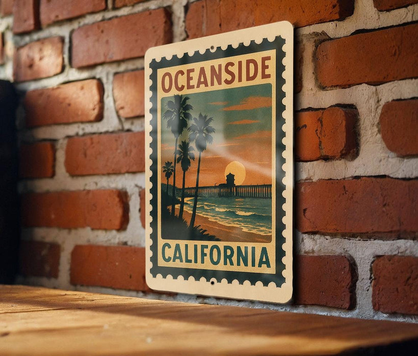 A vintage-style metal sign with the text "OCEAN SIDE CALIFORNIA" is displayed on a brick wall, featuring a sunset and palm trees.