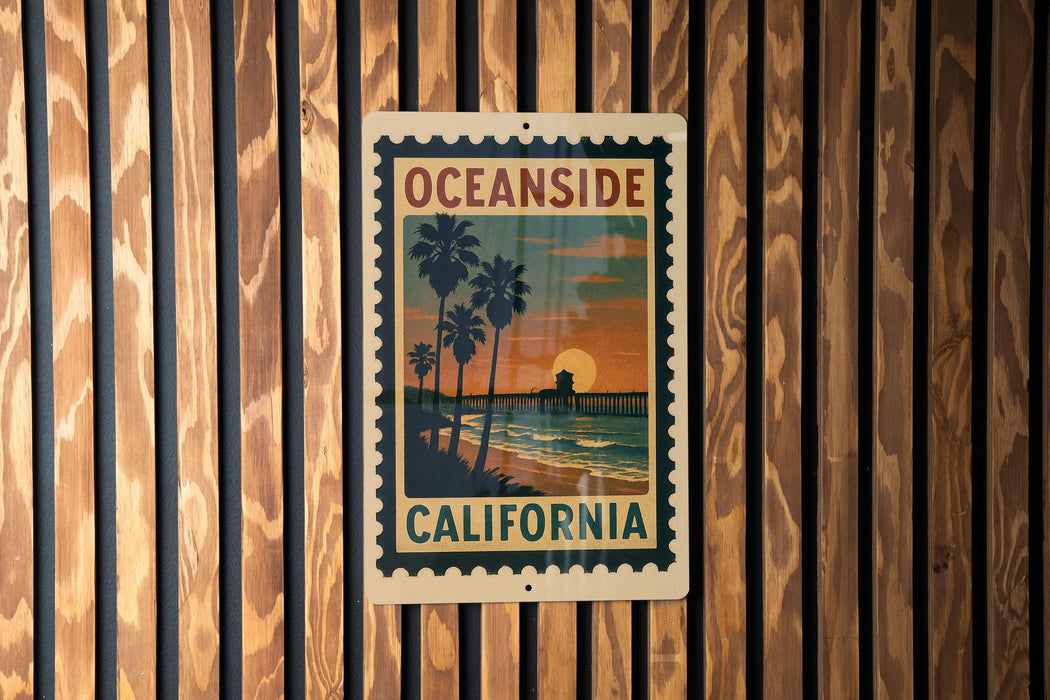 A vintage-style sign for Oceanside, California, featuring palm trees and a sunset over the ocean.