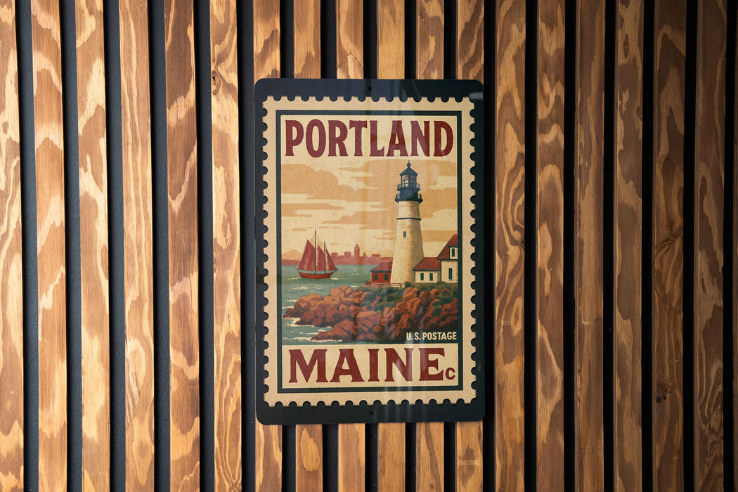 A vintage-style postage stamp from Portland, Maine, featuring a lighthouse and a sailboat, is displayed on a wooden wall.
