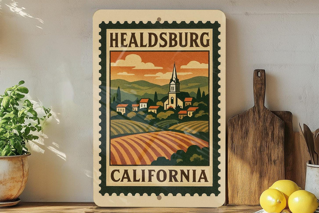 A framed illustration of a rural landscape with a church spire, depicting the town of Healdsburg, California.