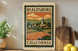 A framed illustration of a rural landscape with a church spire, depicting the town of Healdsburg, California.