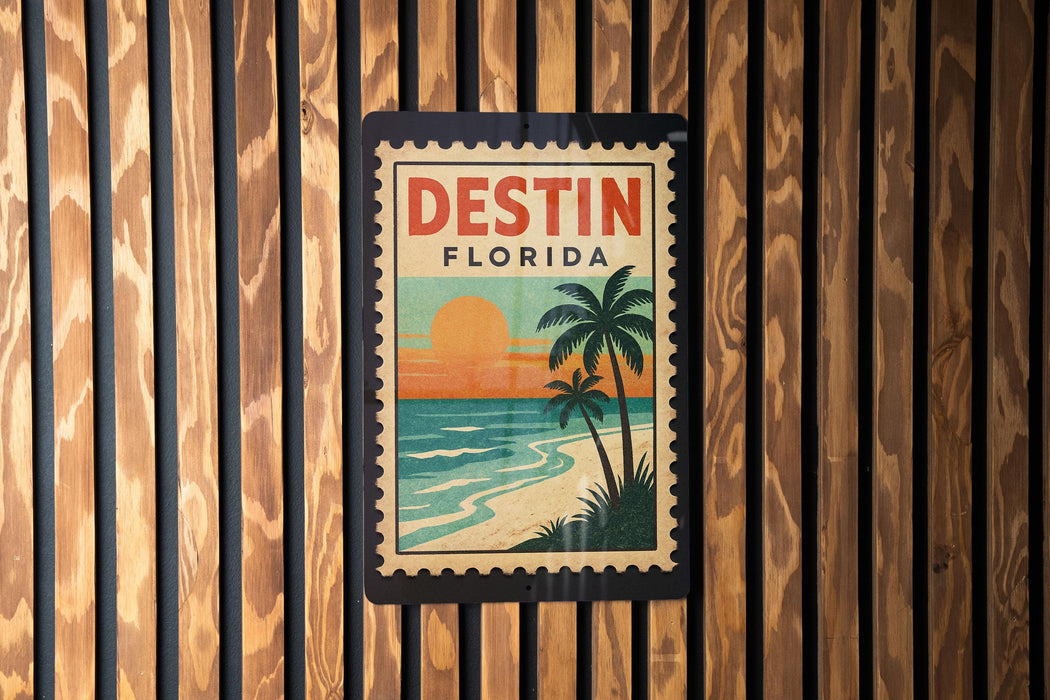 A vintage-style stamp or sign with the text "DESIN FLORIDA" displayed prominently, featuring a tropical beach scene with palm trees and a sunset.