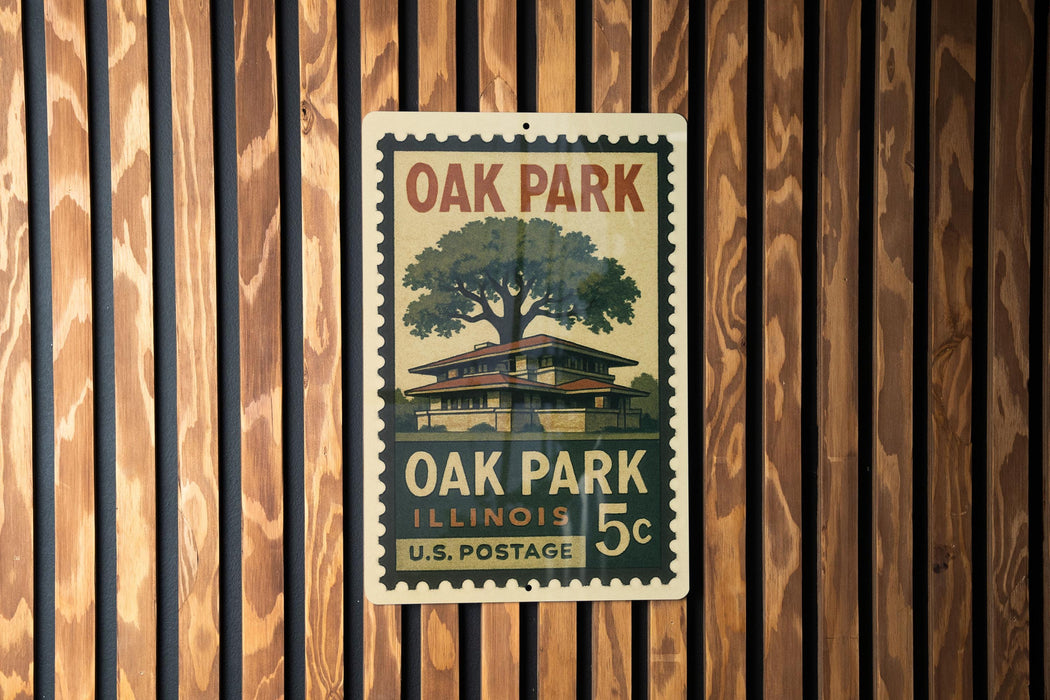 A vintage-style postage stamp from Oak Park, Illinois, featuring a tree and a building, is displayed on a wooden wall.