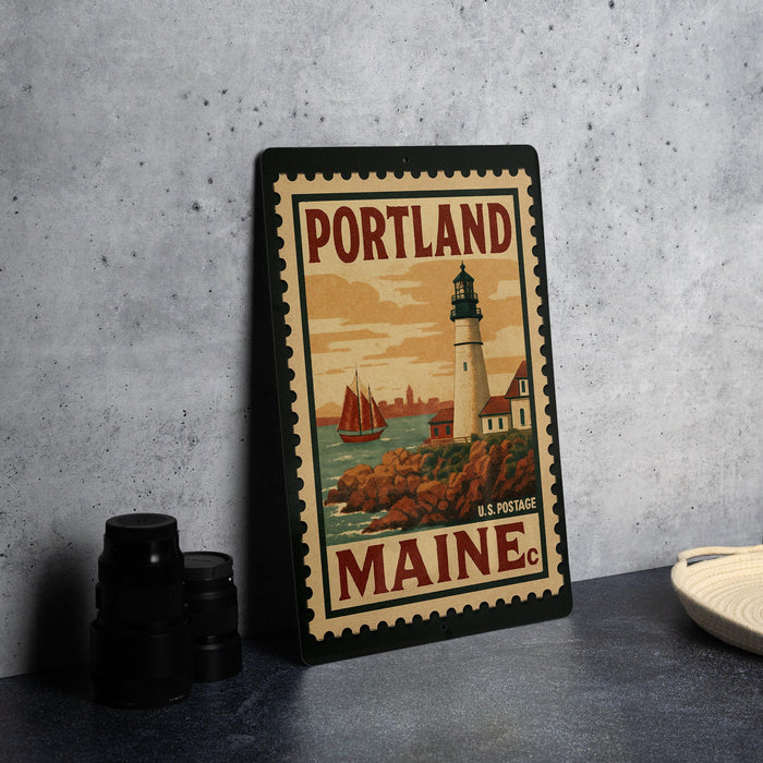 A framed vintage postage stamp from Maine, featuring a lighthouse and sailboat, is displayed on a countertop next to some black camera lenses.