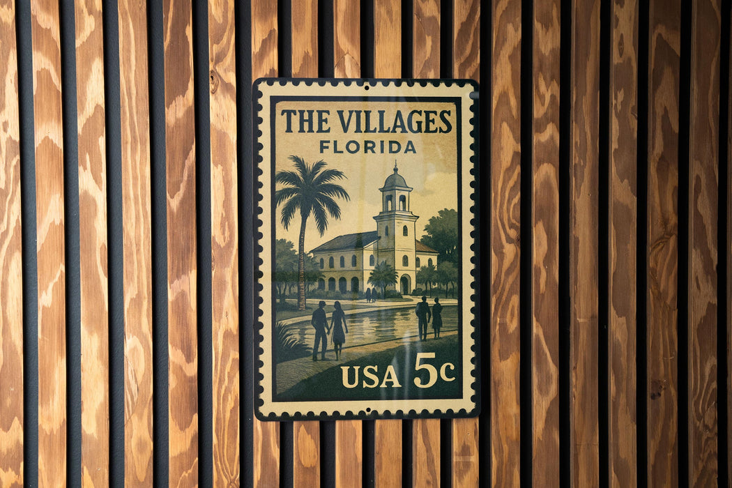 A vintage postage stamp from the United States of America, featuring a building and palm trees, mounted on a wooden wall.
