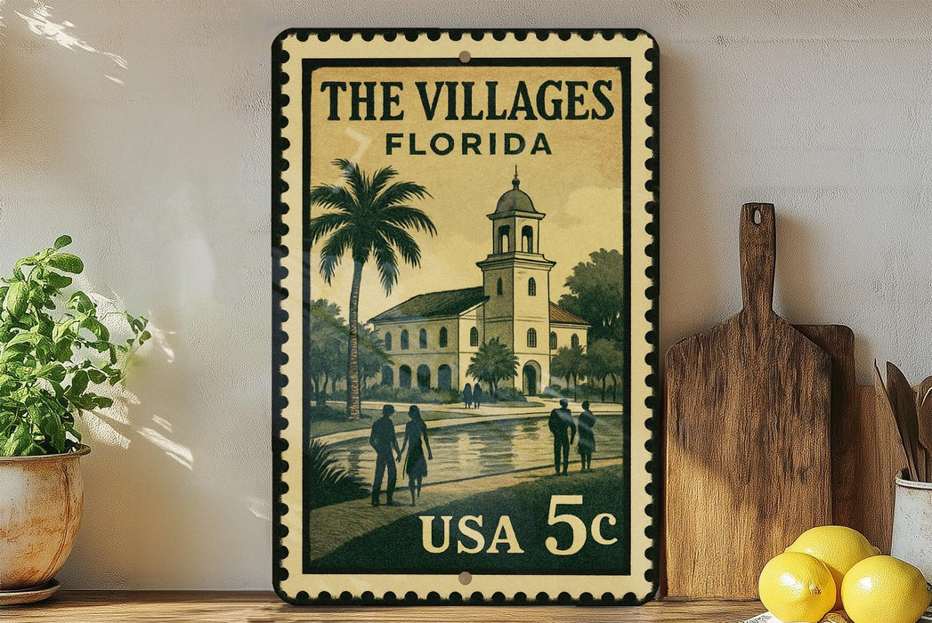 A vintage-style metal sign with a tropical scene depicting a building, palm trees, and people, along with the text "THE VILLAGES FLORIDA" and "USA 5c".
