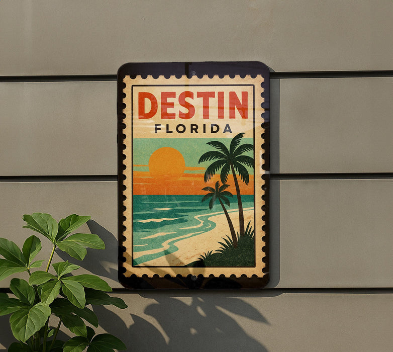 A vintage-style sign for Destin, Florida, featuring a palm tree and a sunset over the ocean.