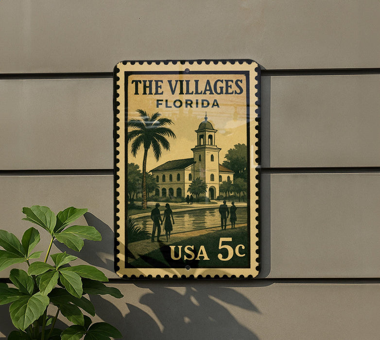 A framed poster of a building with palm trees, depicting a scene from Florida, is displayed on a wall.