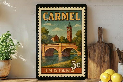 A vintage-style postage stamp from Carmel, Indiana, featuring a bridge and a clock tower, displayed on a shelf with kitchen utensils and a potted plant.