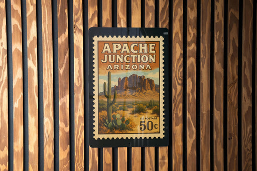 A vintage postage stamp from Arizona, featuring a desert landscape with mountains and cacti, is displayed on a wooden wall.