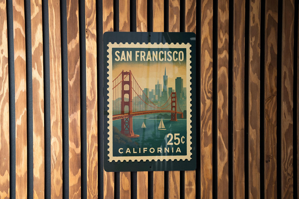 A postage stamp from San Francisco, California, featuring the Golden Gate Bridge and the city skyline.