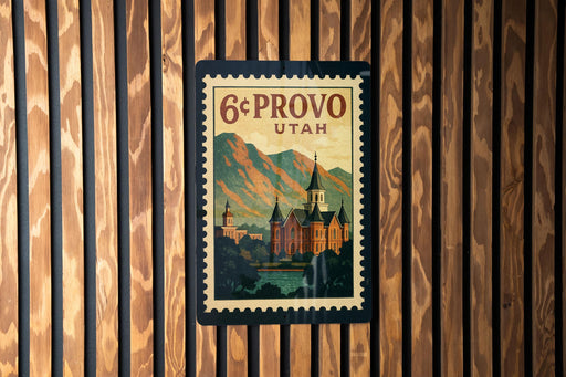 A vintage-style postage stamp depicting a building and mountains, with the text "6¢ PROVO UTAH" printed on it.
