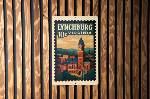A vintage-style postage stamp depicting the city of Lynchburg, Virginia, with a clock tower and buildings in the background.