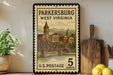 A vintage-style postage stamp from the United States, featuring an illustration of a bridge and buildings in West Virginia.