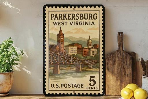A vintage-style postage stamp from the United States, featuring an illustration of a bridge and buildings in West Virginia.