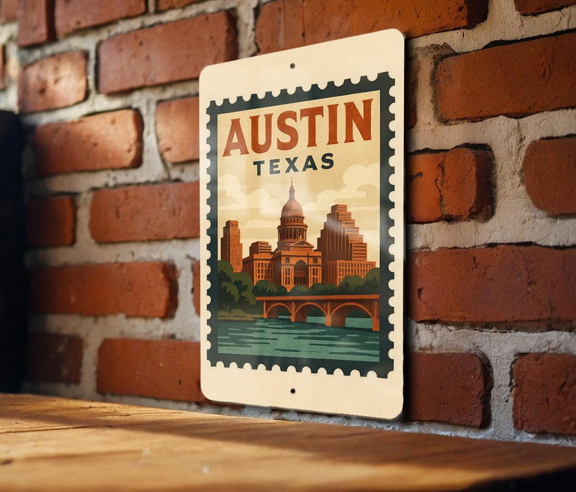 A metal sign with a vintage-style illustration of Austin, Texas, mounted on a brick wall.