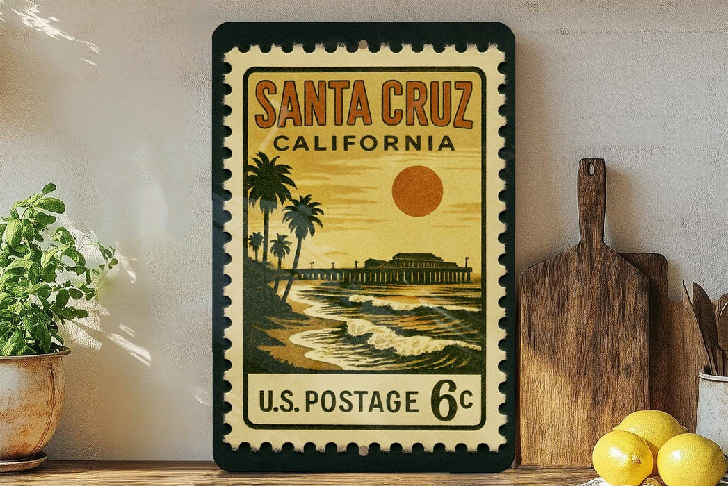 A vintage postage stamp from the United States, featuring a beach scene with palm trees and a pier, is displayed on a shelf next to a wooden cutting board and some lemons.