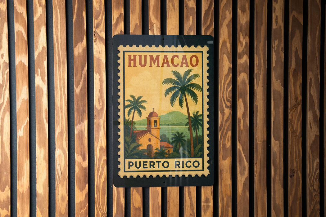 A vintage postage stamp from Puerto Rico featuring a tropical landscape with palm trees and a church.