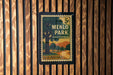 A vintage U.S. postage stamp from Menlo Park, California, featuring a scenic landscape with a tree and mountains.
