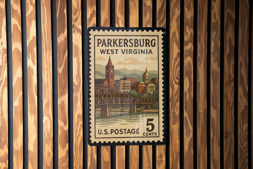 A U.S. postage stamp from Parkersburg, West Virginia, featuring a bridge and a clock tower.