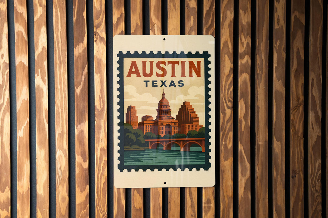 A vintage-style poster of Austin, Texas, featuring the iconic dome of the Texas State Capitol building and a bridge over the Colorado River.
