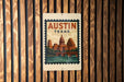 A vintage-style poster of Austin, Texas, featuring the iconic dome of the Texas State Capitol building and a bridge over the Colorado River.