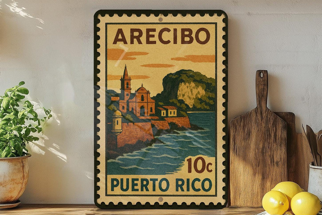 A vintage-style poster of Puerto Rico, featuring a coastal town scene with a church and mountains in the background, is displayed on a wall next to a wooden cutting board and a potted plant.