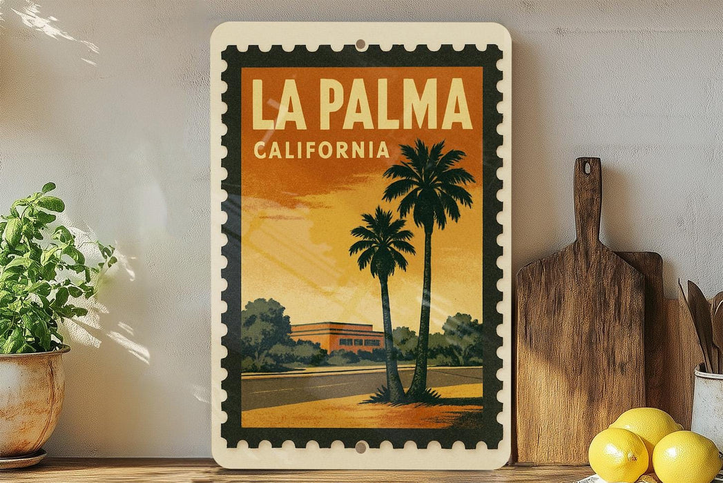 A vintage-style stamp depicting a tropical beach scene with palm trees and a building, placed on a shelf next to a wooden cutting board and a potted plant.