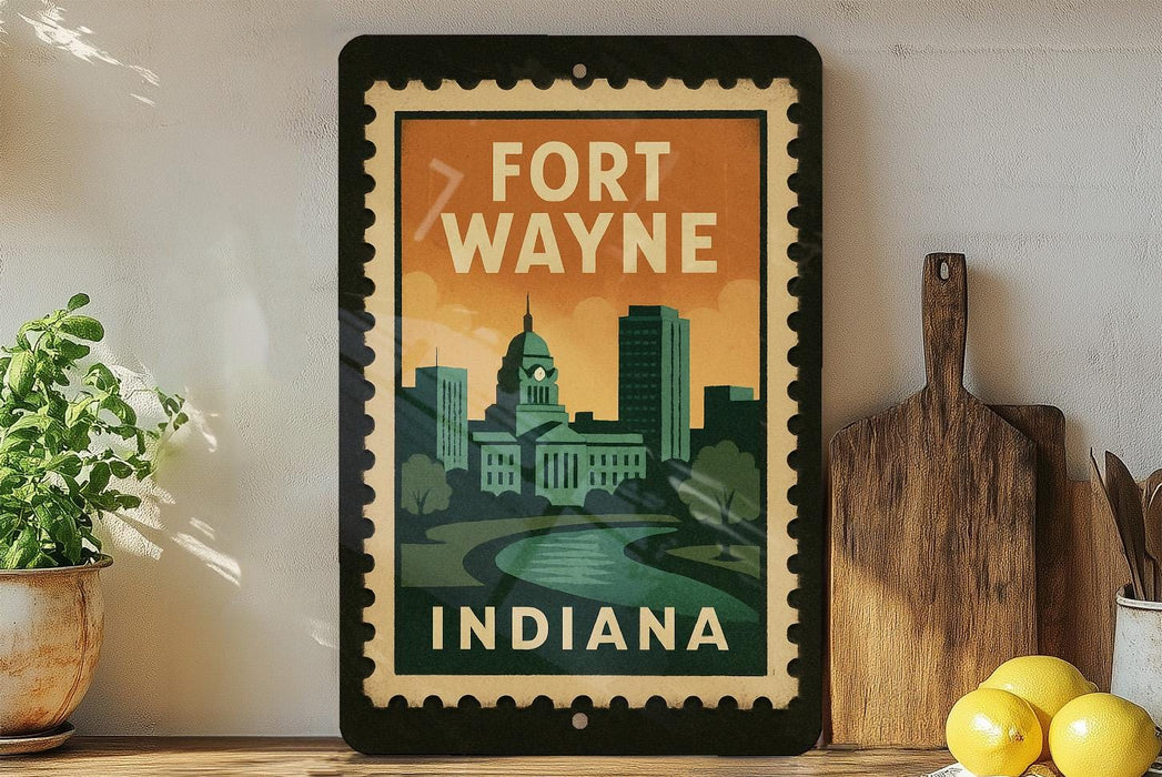 A framed poster of Fort Wayne, Indiana, featuring a cityscape and a clock tower, is displayed on a shelf next to a wooden cutting board and a potted plant.