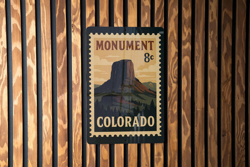 A vintage-style postage stamp depicting the Monument to the Colorado River, with the text "MONUMENT 8c COLORADO" printed on it.