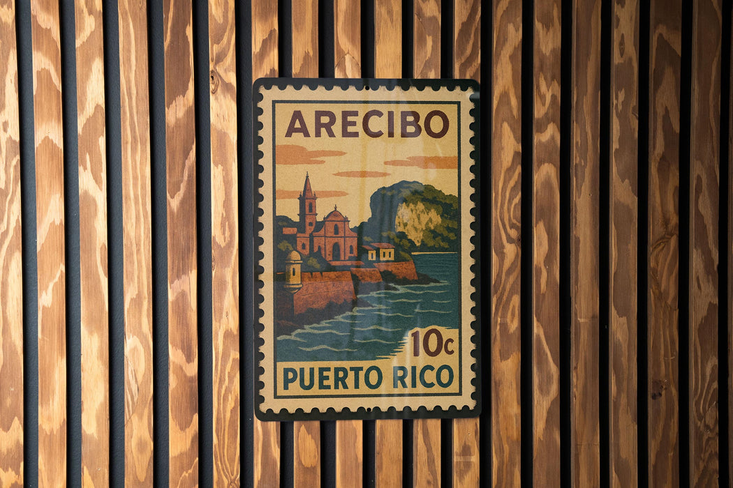 A vintage Puerto Rican postage stamp is displayed on a wooden wall.