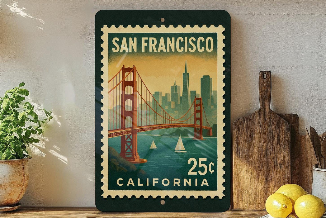 A framed vintage postage stamp depicting the Golden Gate Bridge in San Francisco, California, with the text "SAN FRANCISCO" and "25¢ CALIFORNIA" printed on it.