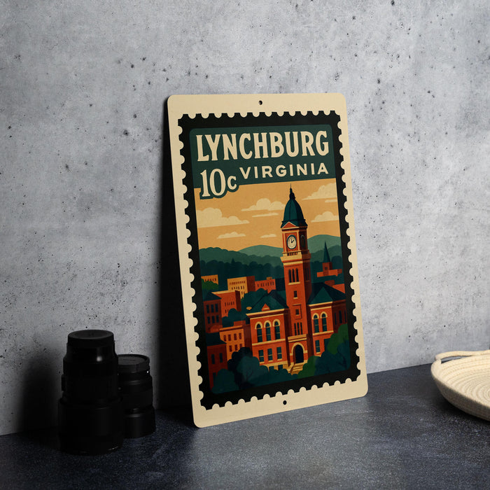 A vintage postage stamp featuring the city of Lynchburg, Virginia, with a clock tower and buildings in the background.